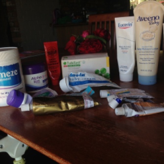 Hopes Relief eczema, Aveeno moisturiser, Eucerin, tubifast wet wrapping, infected eczema